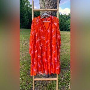 VINCE CAMUTO XXL 2X Floral & Flirty Orange with Pink Flowers Tiered Summer Dress